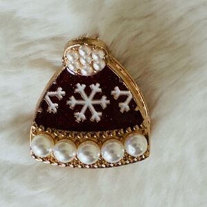 Mini Hair Claw Clip, Festive Red Snowflake Hat, pearls,red enamel,gold accent